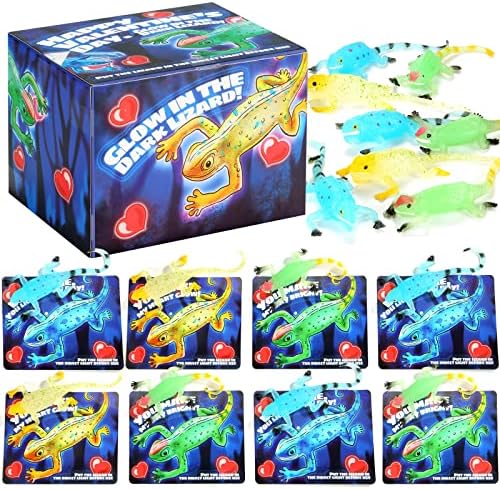 24 Pack Valentines Day Gift Cards with Glow in The Dark Lizards to Stretch Stress Relief Fidget Toy for Kids, Classroom Exchange Prizes Valentine Party Favor Toy …