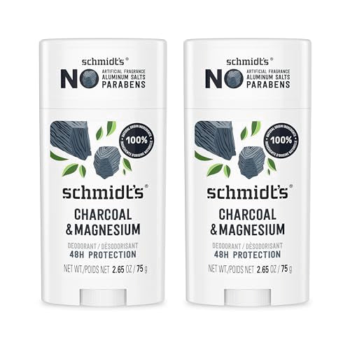 Schmidt's Aluminum-Free Vegan Deodorant Charcoal & Magnesium with 48 Hour Odor Protection, 2 Count for Women and Men, Natural Ingredients, Cruelty-Free, 2.65 oz, Pack of 2