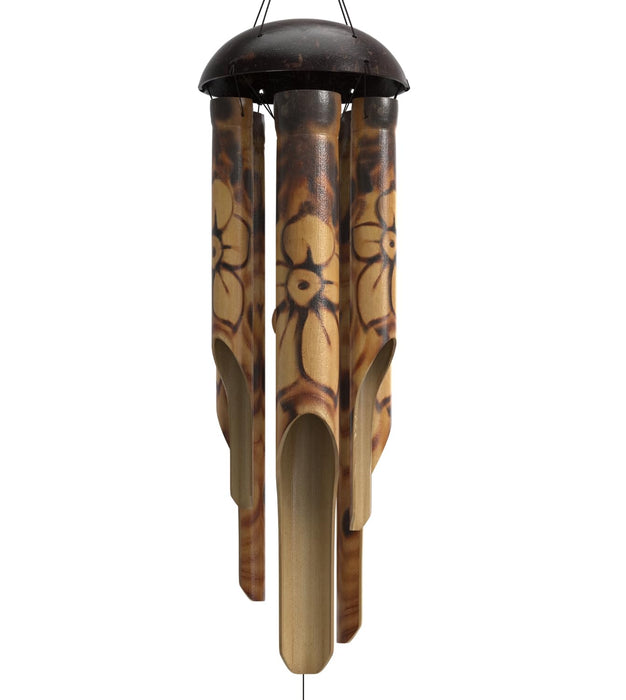 Nalulu Rustic Bamboo Wind Chimes - Outside Outdoor Wooden Windchimes, Medium, Floral Burned Design with Coconut Crown, Handcrafted with Calming Deep Tones, Home Decor Ideal Gift for Him & Her