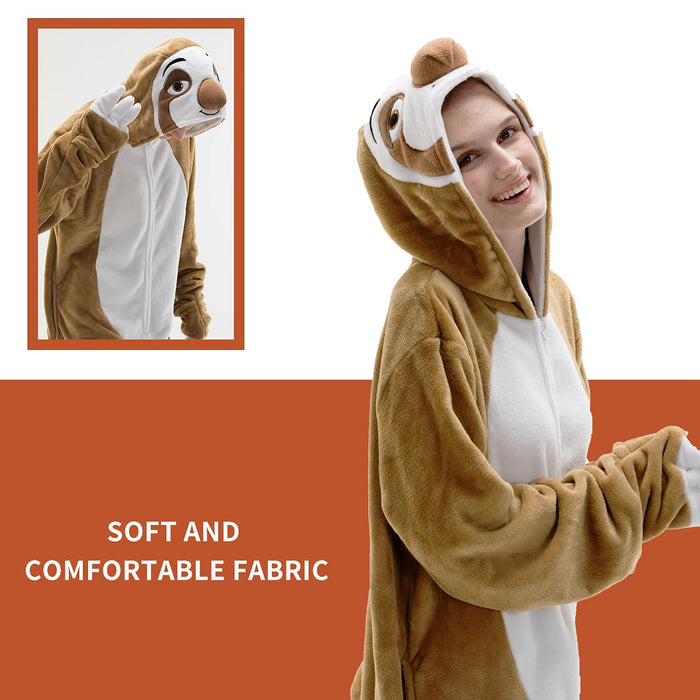 COSUSKET Fitted Unisex Adult Sloth Onesie Pajamas, Halloween Flannel Women's Cosplay Animal One Piece Costume