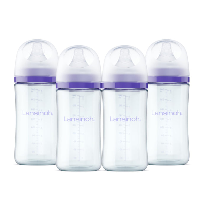 Lansinoh Glass Baby Bottles, Anti-Colic, 8 Ounces, 4 Count Bottles for Feeding, Baby Essentials, Includes 4 Medium Flow Nipples, Size M
