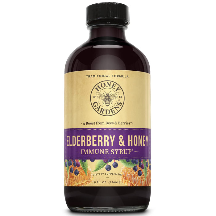 Honey Gardens Elderberry Syrup with Apitherapy Raw Honey, Propolis & Elderberries | Traditional Immune Formula w/Echinacea | 8 fl. oz.