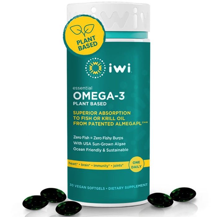 Iwi Omega-3 Essential, 30 Softgels (30 Servings), Plant-Based Algae Omega 3 with EPA + DHA, Brain, Heart & Immune Support Dietary Supplement, Krill & Fish Oil Alternative, No Fishy Aftertaste