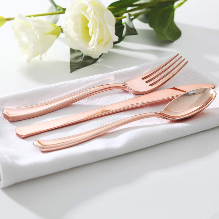 WDF 300 Pieces Rose Gold Plastic Silverware- Disposable Flatware Set - Heavy Duty Plastic Cutlery Includes 100 Forks, 100 Spoons, 100 Knives Perfect for Wedding, Party, Christmas