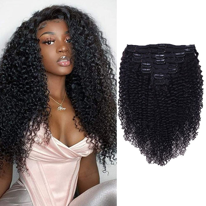 Curly Clip In Extension Human Hair 3C 4A Kinky Curly Clip Ins Full Head for Black Women Brazilian Remy Human Hair Natural Color 8Pcs with18clips 120g/Set(24 inch, curly wave)