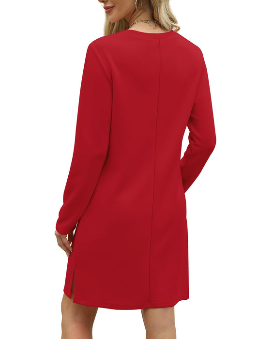 Dresses for Women 2024 Casual Long Sleeve Casual Trendy Plain Cozy Christmas Red Holiday Dress L