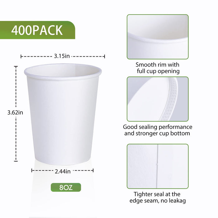 LITOPAK 400 Pack 8 oz Disposable Paper Coffee Cup, Hot/Cold Beverage Drinking Cups for Water, Paper Coffee Cups, White Paper Hot Coffee Cups, Suitable for Party, Picnic, Travel, and Events