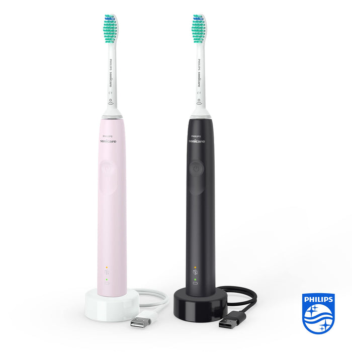 PHILIPS Sonicare 3100 Series Sonic Electric Toothbrush (Dual Pack) with Pressure Sensor and BrushSync Replacement Reminder, Black and Sugar Rose (Model HX3675/15)