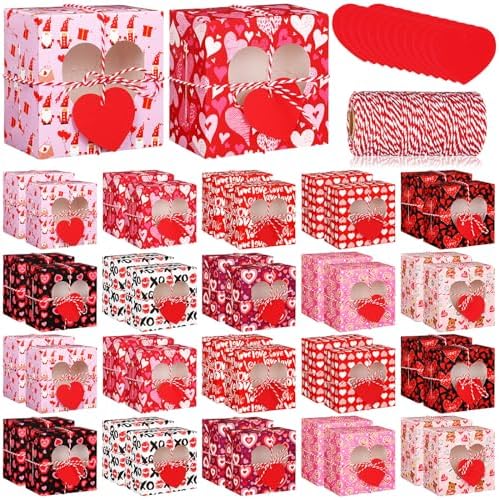Skyygemm 50 Pcs Valentine's Day Bakery Treat Boxes Valentines Cupcake Boxes Valentines Goodie Boxes with Heart Window Bakery Take out Containers with Tags and Rope for Doughnut Cookie Candy Dessert