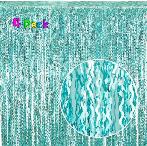 4 Pack 3.3 ft x 6.6 ft Wavy Aqua Teal Blue Tinsel Foil Fringe Curtains Backdrop - Wave Metallic Foil Curtains for Wedding Girl Princess Bachelorette Euphoria Theme Party Decoration