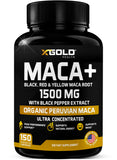 X Gold Health Organic Maca Root Powder Capsules 1500mg with Black | Red & Yellow Peruvian Maca Root Extract Gelatinized, Energy & Mood Supplement for Men & Women + Black Pepper for Best Benefits