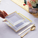 WDF 200PCS Gold Plastic Dessert Plates with Plastic Forks -6” 100 Square Disposable Appetizer Plates Small Plates Cake Plates with Gold Rim&100 Gold Small Appetizer Forks for Daily Using