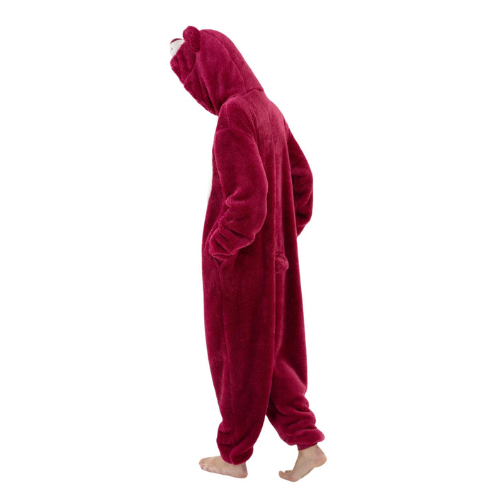 COSUSKET Snug Fit Unisex Adult Lotso Onesie Pajamas, Sherpa Cosplay Bear One Piece Halloween Costume Sleepwear Homewear