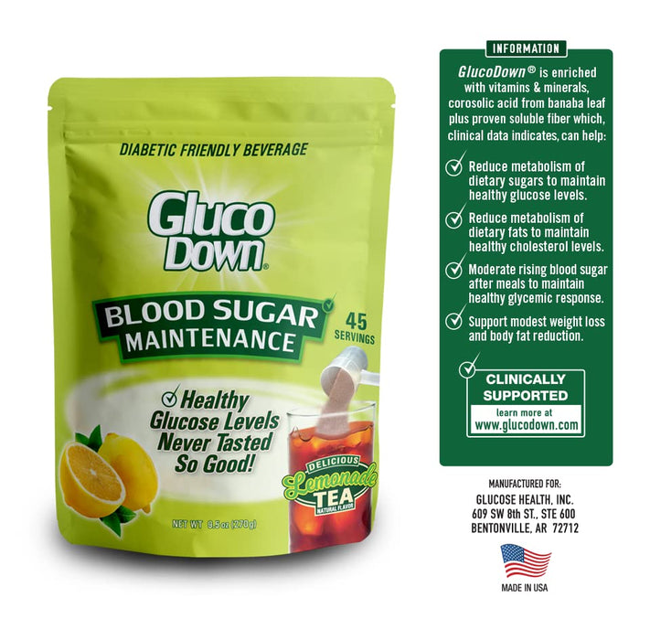 GLUCODOWN, Delicious Lemonade & Tea Mix, Dietary Fiber Formula, Daily Maintenance of Healthy Blood Sugar & Cholesterol, 45 Servings.