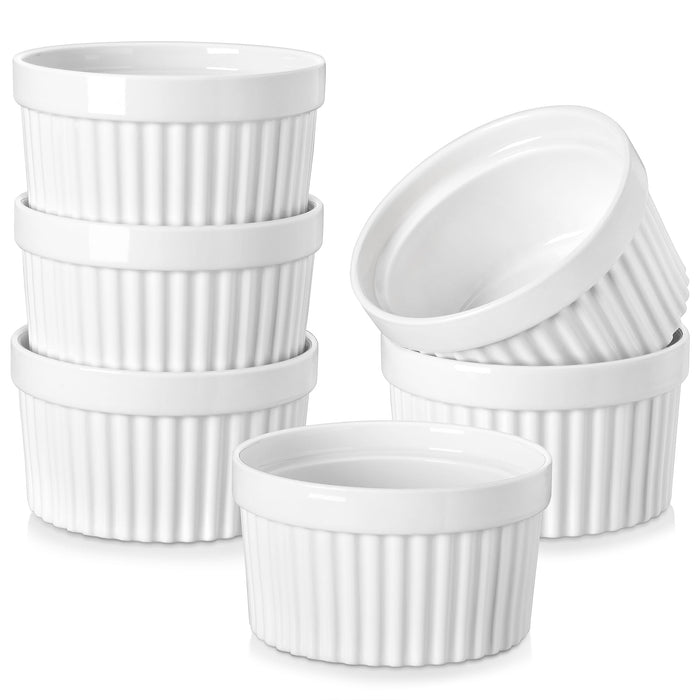MALACASA Ramekins 12 oz Oven Safe, Porcelain Creme Brulee Ramekins Pudding Custard Cups Large Ceramic Souffle Dishes Ramakan Ramiken Ramicans Baking Bowls Set of 6, White, Series RAMEKIN-DISH