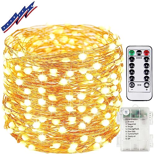 66Ft 200LED Battery Operated Fairy Lights with Remote, Waterproof Battery Christmas String Lights with Timer, Twinkle Lights for Bedroom Christmas Decorations (Warm White)