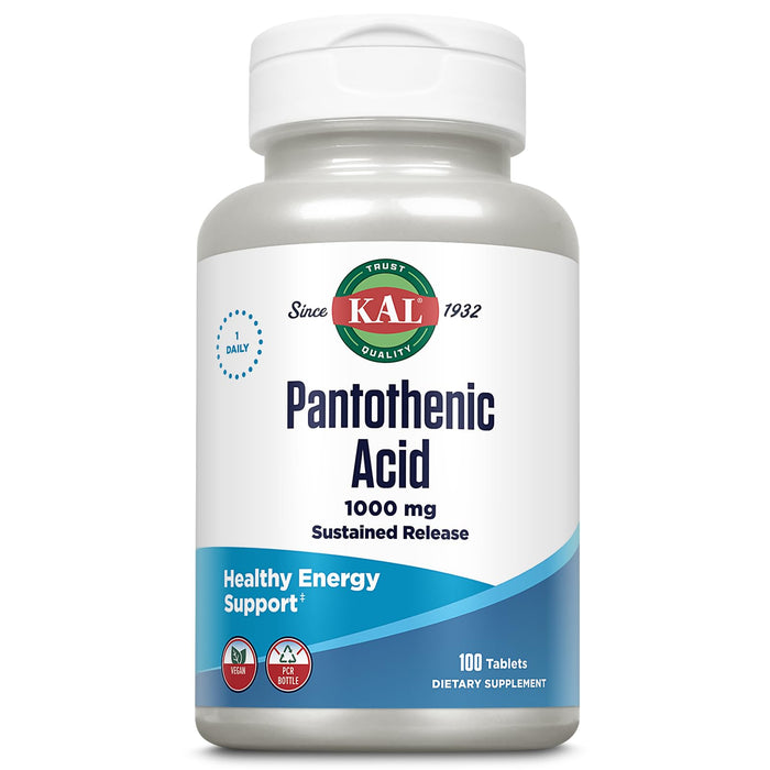 KAL Pantothenic Acid 1000mg, Sustained Release Vitamin B5 - Energy Supplements - Supports Metabolism of Carbs, Fat and Protein, Hair and Skin Health, Vegan, 60-Day Guarantee, 100 Servings, 100 Tablets