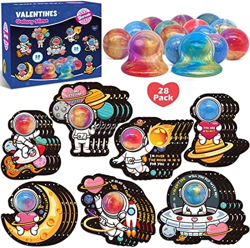 28 Pack Valentines Day Gifts for Kids, Galaxy Slime with Greeting Cards Stress Relief Fidget Set for Kids, Valentine's Day School Prize Party Favor, Classroom Exchange Gift Set
