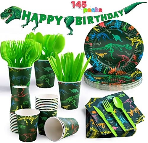 JOYIN 145 Piece Dinosaur Birthday Party Supplies with Trex Banner, 24 Serves dinosaur Disposable Tableware Set with Plates, Cups, Napkins, and Cutlery Sets for Dinosaur Themes Party Kids Years