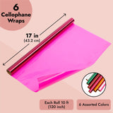 Bright Creations 6 Roll Cellophane Wrap - 6 Color Transparent Colored Wrapping Paper for Gift Baskets, Treats, Crafts (17 Inch x 10 Feet)