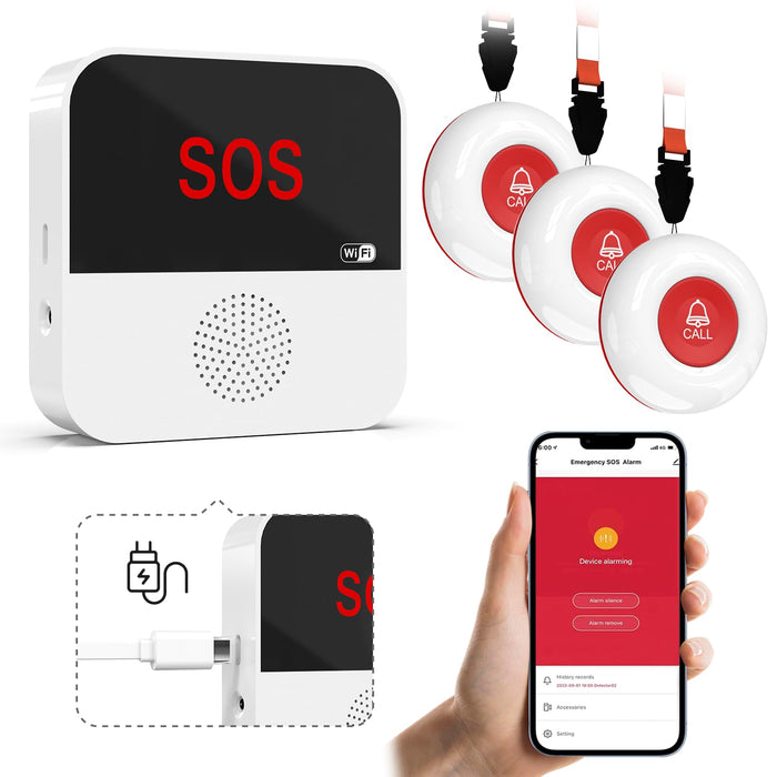 WiFi Rechargable Smart Wireless Caregiver Call Button Nurse Calling Life Emergency Alert System for Seniors Elderly Patient Disabled Kids 3 SOS Panic Buttons 1 Receiver (only Supports 2.4GHz Wi-Fi)