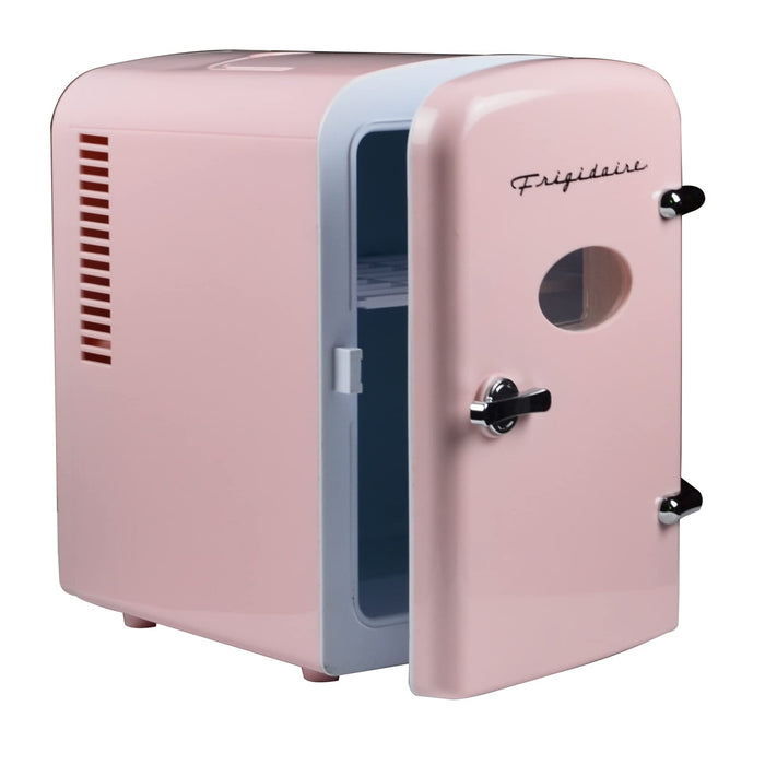 Frigidaire Retro Mini Fridge Cooler, 4L Capacity Chills 6 12oz Cans, 100% Freon-Free & Eco Friendly, Portable Fridge for Car, Office, Bedroom, Dorm Room, or Cabin - 9.84"D x 7.09"W x 10.35"H (Pink)