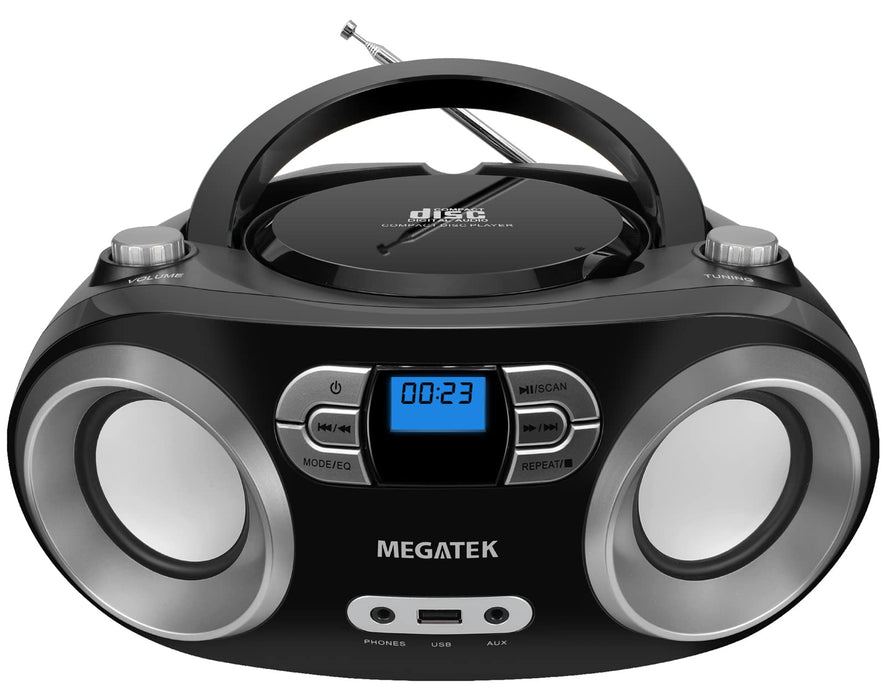 MEGATEK Portable CD Player Boombox with Bluetooth & FM Radio – Black