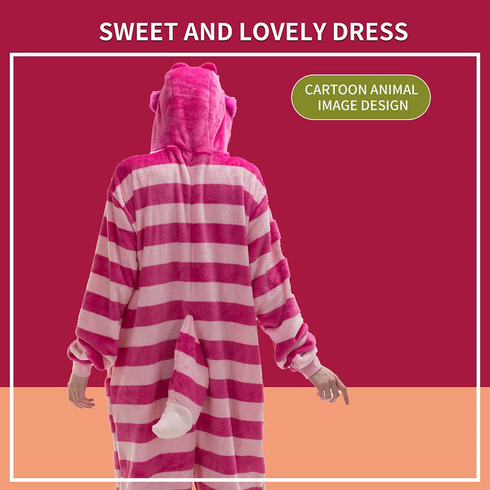 COSUSKET Fitted Unisex Adult Cheshire Cat Onesie Pajamas, Halloween Flannel Women's Cosplay Animal One Piece Costume