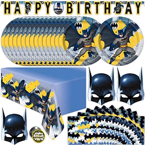 Batman Birthday Party Supplies | Batman Party Supplies | Batman Birthday Decorations | Batman Party Decorations | With Banner, Table Cover, Masks, Plates, Napkins, Button | Serves 16 Guests