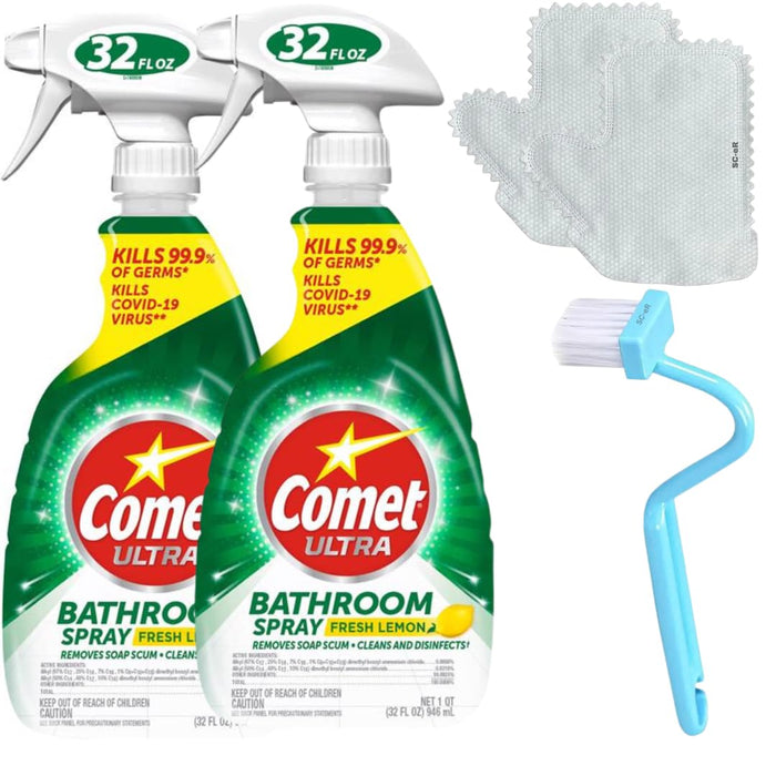 Comet®' Ultra Bathroom Disinfecting and Cleaning Spray - Fresh Lemon Scent - 32oz 2pk - BONUS: (1) Pair Washable & Reusable Microfiber Cleaning & Dust Removal Gloves + (1) V-Type Toilet Brush