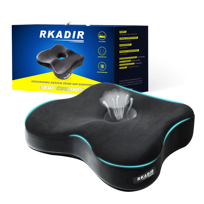 RKADIR Ergonomic Memory Foam Seat Cushion for Office Chair & Car Seat,Relieves Sciatica,Sedentary Not Numb Coccyx Support Pillow,Pressure Relief Cushion for Back Pain & Tailbone Pain (Black Gray)