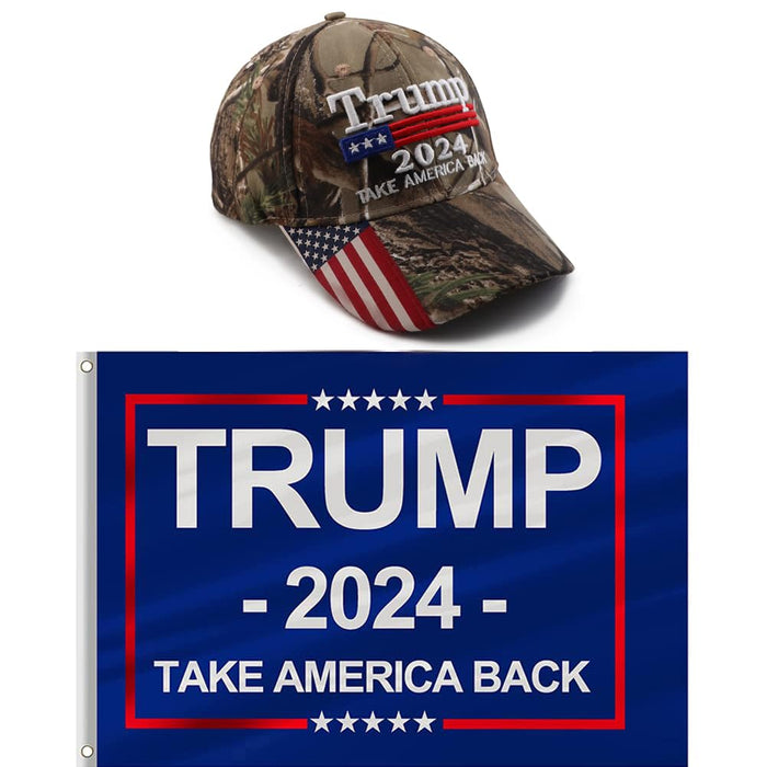 Trump 2024 MAGA Hat and Trump Flag Set, Trump 2024 Hat Take America Back Baseball Cap