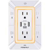 Multi Plug Outlet Surge Protector - POWRUI 6 Outlet Extender with 3 USB Ports (1 USB C) and Night Light, 3-Sided Power Strip with Adapter Spaced Outlets - White，ETL Listed