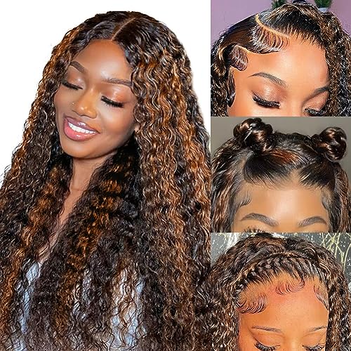 Balayage Highlight Lace Front Wig Human Hair Deep Wave 1B/30 Black with Brown Wigs Pre Plucked 13x4 Ombre Curly Lace Front Wig Human Hair 150 Density for Women Highlight Curly Human Hair Wigs （22Inch）