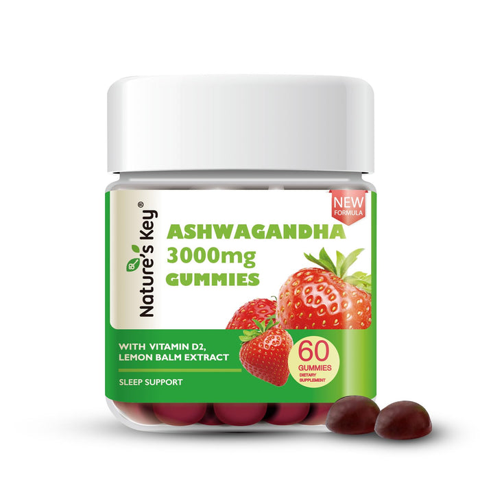 Nature's Key Ashwagandha Gummies, Upgraded Cortisol Manager Supplement-Ashwagandha Extra Strength Vitamin D2, Lemon Balm, and Black Pepper -60 Count, Strawberry Flavoring