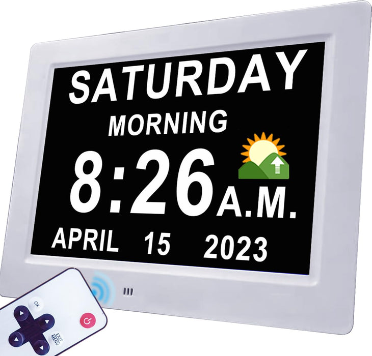 【2024 New】 19 Alarms Digital Clock with Auto DST, Sun Moon Icons, 20 Custom Reminders, 10-Level Auto Dimmer, 6 Display Modes, Day Date Calendar Clock for Seniors Dementia Alzheimers'- 7" with Remote