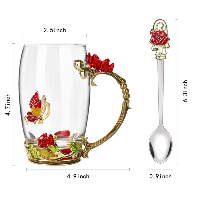 OEAGO Gifts for Women Mom Mothers Valentines Day Tea Cup Best Birthday Butterfly Rose Gifts for Her from Daughter Son Glass Coffee Christmas Enamels Mug Lead-Free with Spoon Set