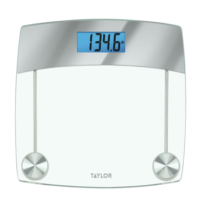 Taylor Digital Scales for Body Weight, Extra Highly Accurate 440 LB Capacity, Unique Blue LCD, Stainless Steel Accents GlassPlatform, 12.4 x 12.4 Inches, Clear