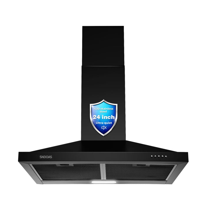 SNDOAS 24 inch Range Hood Black,Stainless Steel Chimney-Style Kitchen Hood, Ductless Stove Hood Vent with Energy Saving LED Light,Wall Mount Vent Hood, Push Button 3-Speed Exhaust Fan