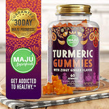 MAJU Turmeric Curcumin Gummies 60ct, Zingy Ginger Taste, Black Pepper Extract for Enhanced Absorption and Potency, Tumeric Gummies for Adults and Kids