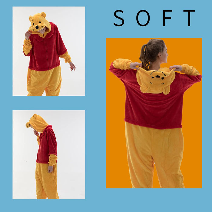 COSUSKET Fitted Unisex Adult Bear Onesie Pajamas, Halloween Flannel Women's Cosplay Animal One Piece Costume Red/Yellow