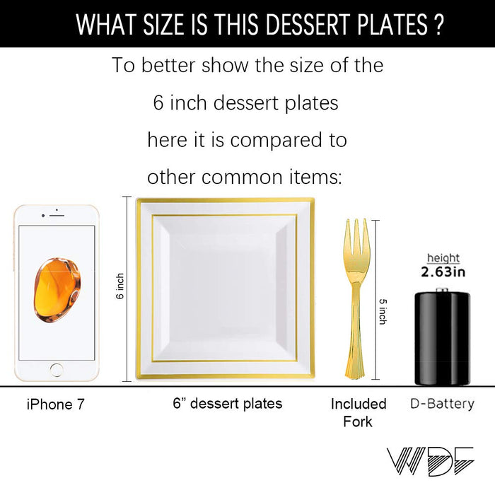 WDF 200PCS Gold Plastic Dessert Plates with Plastic Forks -6” 100 Square Disposable Appetizer Plates Small Plates Cake Plates with Gold Rim&100 Gold Small Appetizer Forks for Daily Using