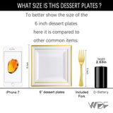 WDF 200PCS Gold Plastic Dessert Plates with Plastic Forks -6” 100 Square Disposable Appetizer Plates Small Plates Cake Plates with Gold Rim&100 Gold Small Appetizer Forks for Daily Using