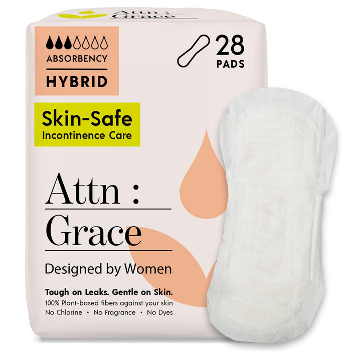 Attn: Grace Hybrid Incontinence Pads for Women (28-Pack) - High Absorbency Sensitive Skin Protection for Bladder Leaks or Postpartum/Discreet, Breathable, & Plant-Based