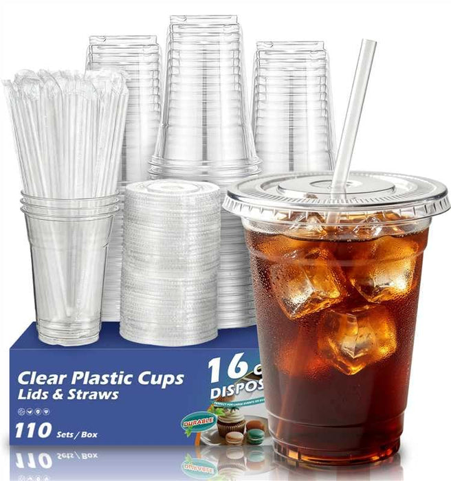 Voatree 110 Pack 16 oz Clear Plastic Cups with Lids and Straws