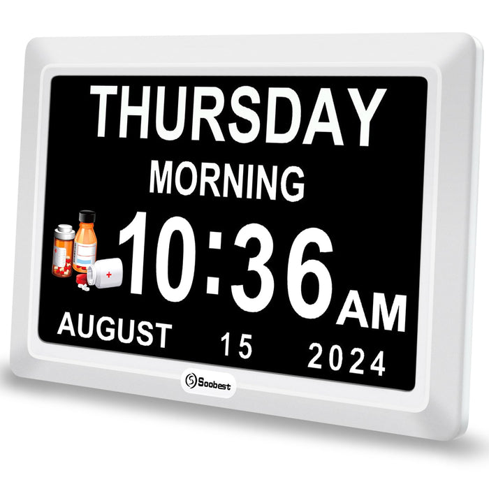 Soobest Digital Dementia Alarm Clock Large Display for Seniors, Plug in Electric Date Day of Week Calendar Clock 12 Alarms 3 Ringtones for Elderly Memory Loss Alzheimer’s, Auto DST (7" White)
