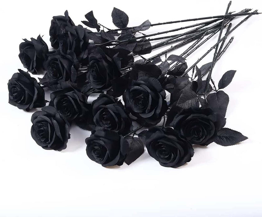 Laelfe Halloween Black Roses Artificial Flowers, 12 PCS Fake Silk Flower Long Stem Artificial Rose for Home Wedding Party Decorations(Black Halloween)