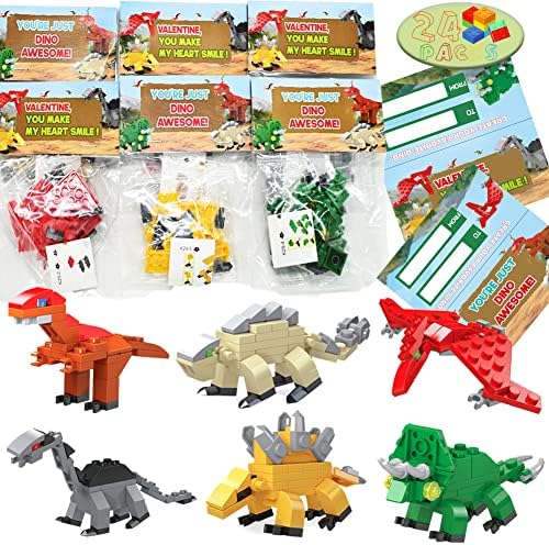 WODMAZ 24 Packs Dinosaur Building Blocks, 6 in 1 Dinosaur Toys Building Set for Kids Goodie Bags Birthday Gifts, Easter Basket Stuffers, Valentine Party Favor