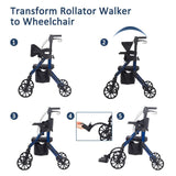 Elenker 2 in 1 Rollator Walker & Transport Chair, Folding Wheelchair Rolling Mobility Walking Aid with Seat Belt, Padded Seat and Detachable Footrests for Adult, Seniors (Blue)