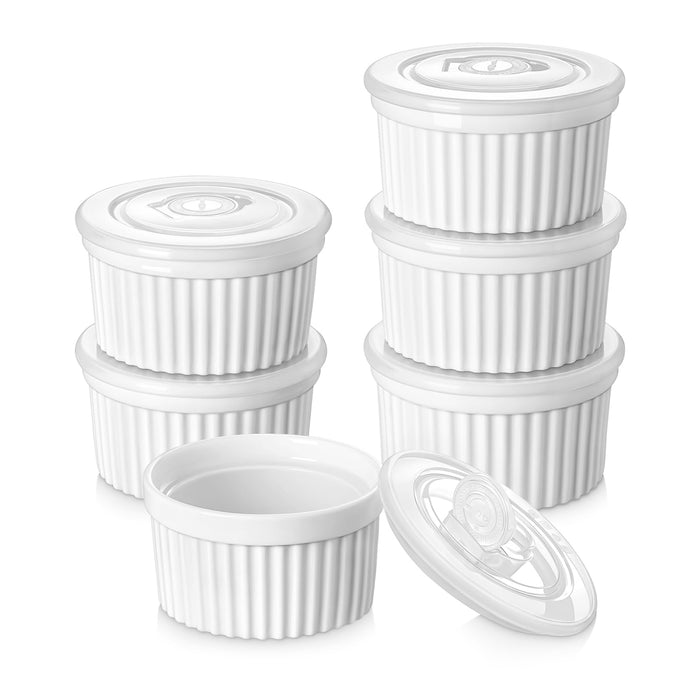vancasso 8 oz Ramekins with Lid, Porcelain Creme Brulee Souffle Dishes, White Pudding Custard Cups Ramiken for Baking, Dishwasher and Oven Safe, Set of 6